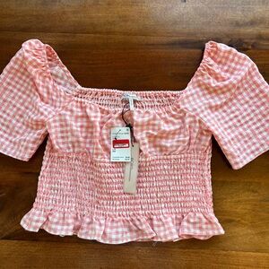 NWT BCBG Women’s Crop Top Smocked Ruffle White/ Peach  Sizes